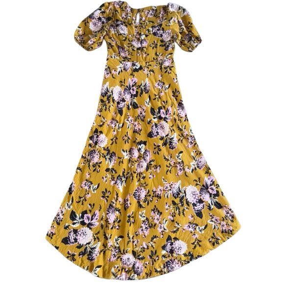 Anthropologie Maeve Midi Dress Size 14 Hi-Low Puff Sleeve Mustard Gold Floral - Picture 3 of 13